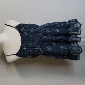 Decree women's size large green pleated tank floral adj strap with lace Y2K
